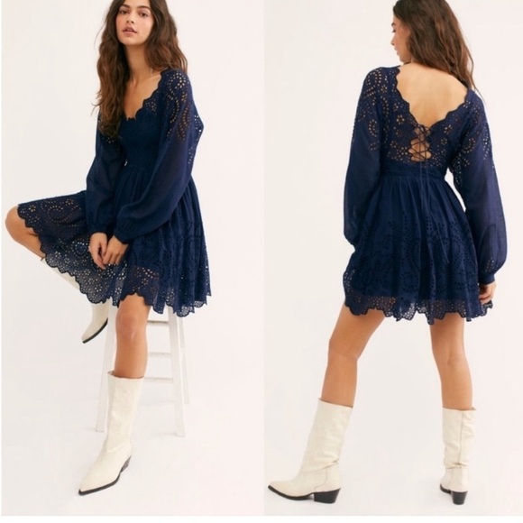 Free People Eyelet lace flowy Lottie Mini dress navy blue XS balloon sleeve - Picture 1 of 6